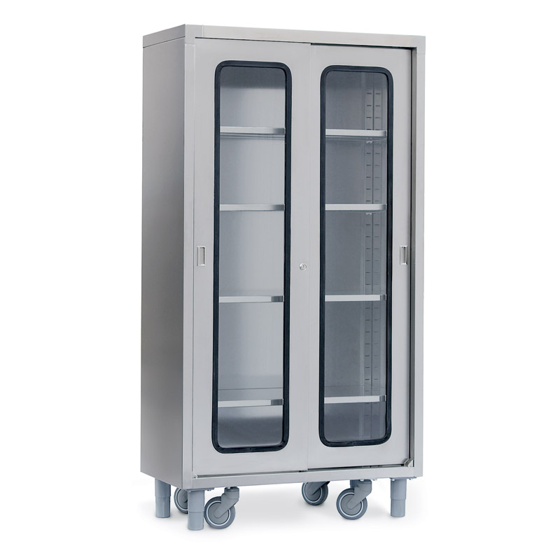 stainless steel cabinet with sliding windowed doors