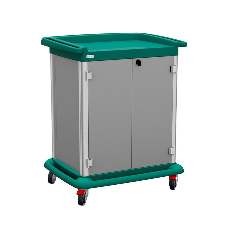 Carrello per biancheria e igiene paziente ES8, anta singola con serratura, paraurti verde teal e ruote girevoli