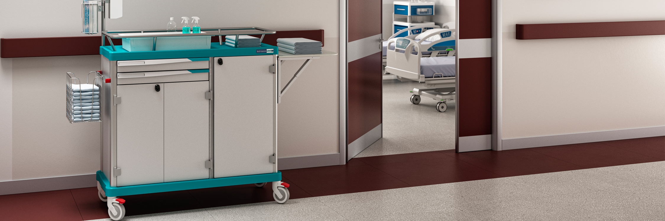 an ESSENTIAL hygiene trolley in a hospital ward