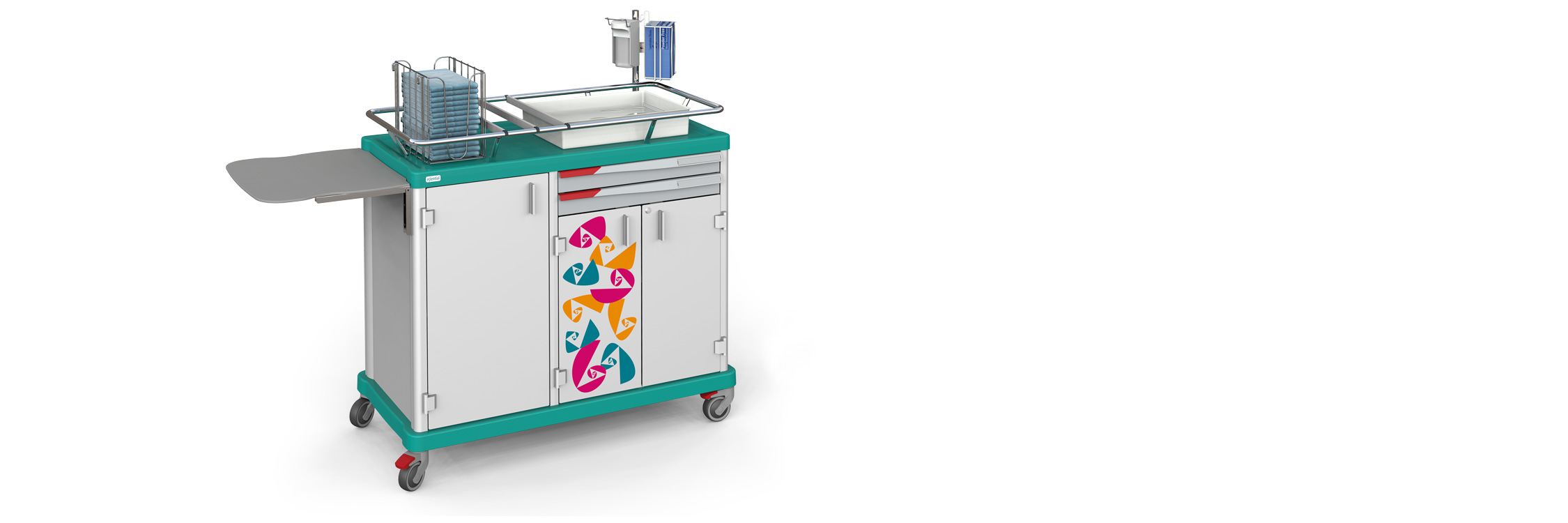 an ESSENTIAL dual trolley for patient hygiene with various accessories