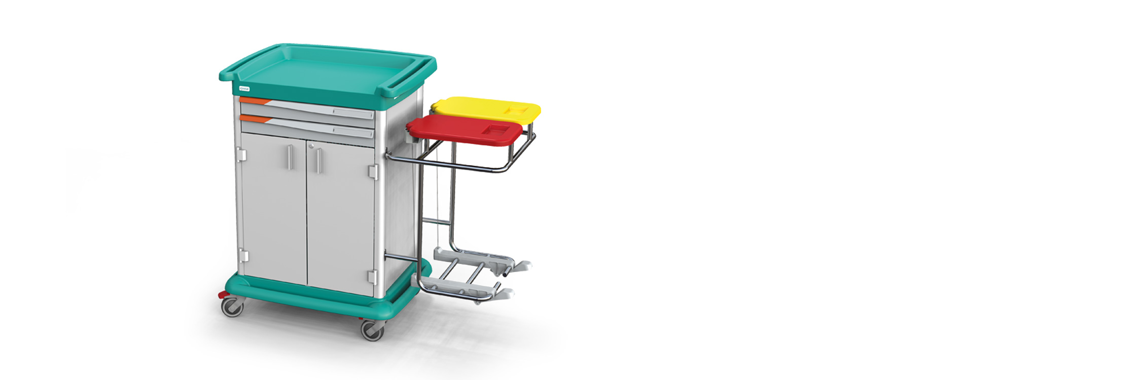 an ESSENTIAL single trolley for patient hygiene, with an attached module for dirty linen sorting