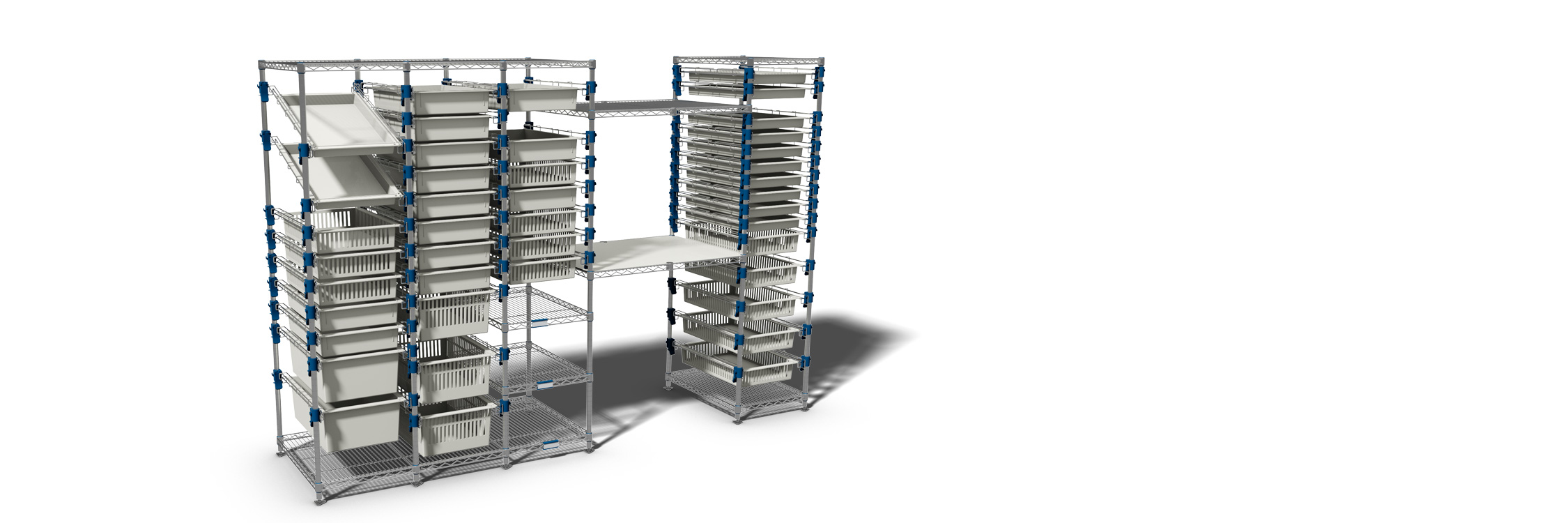 Una versione complessa del sistema modulare di scaffalature MOSYS-ISO, pienamente compatibile con lo standard ISO 600x400