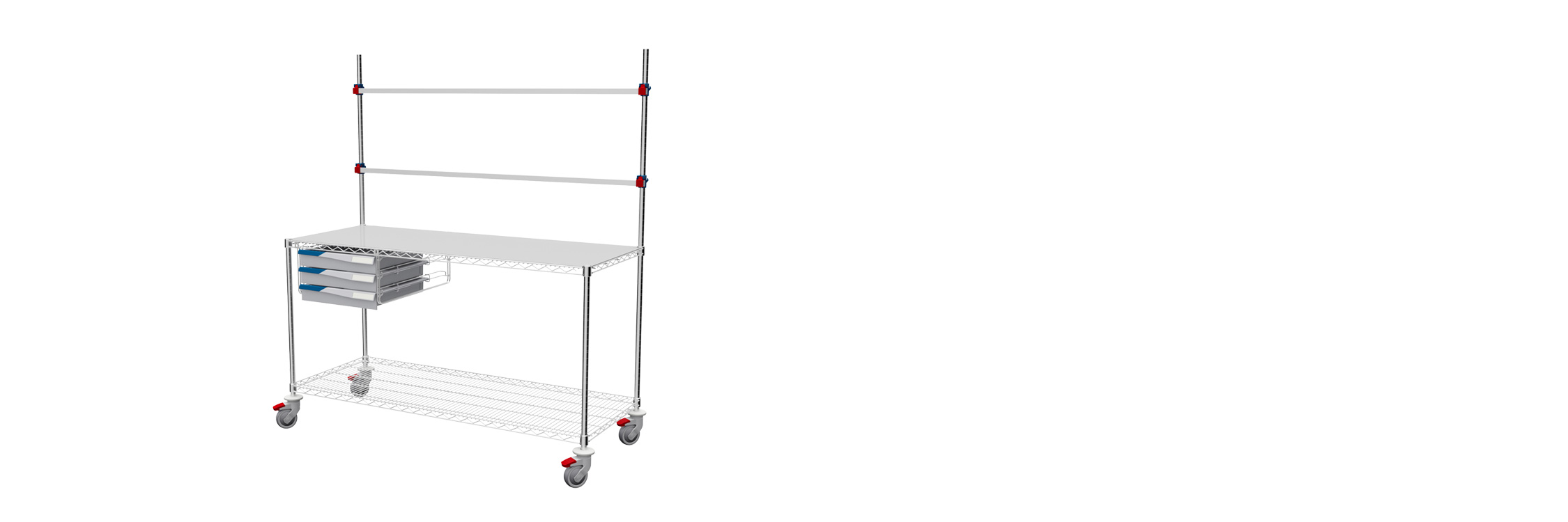 MOSYS TP procedure table on wheels, with drawers and overbridge