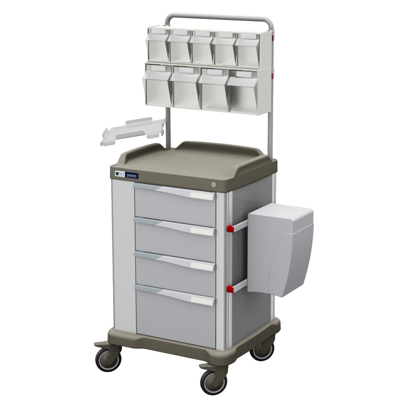 Presto medium therapy trolley with overbridge and grey coloured panels