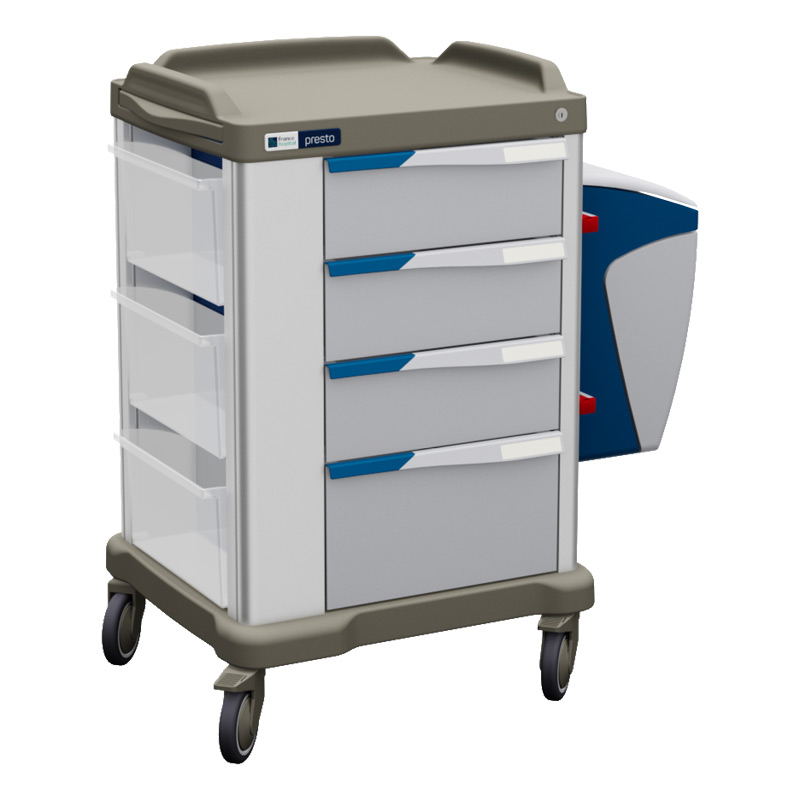 Presto medium ward trolley with accessories and blue coloured panels