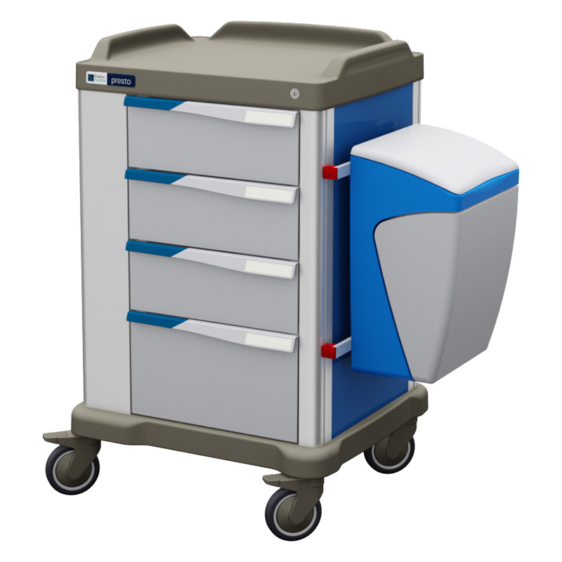 Presto medium ward trolley with accessories and blue coloured panels