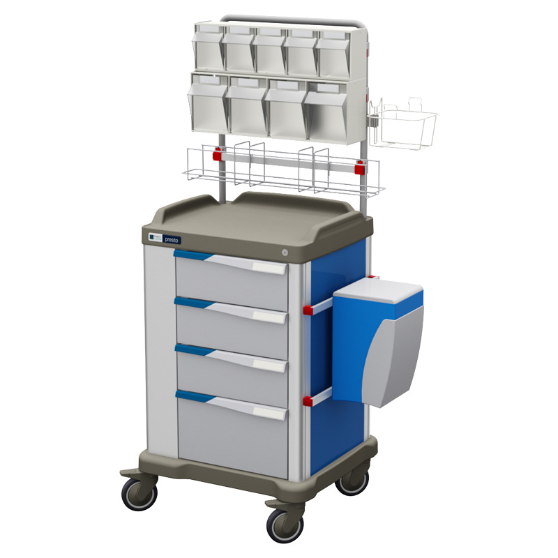 Presto medium therapy trolley with overbridge and blue coloured panels