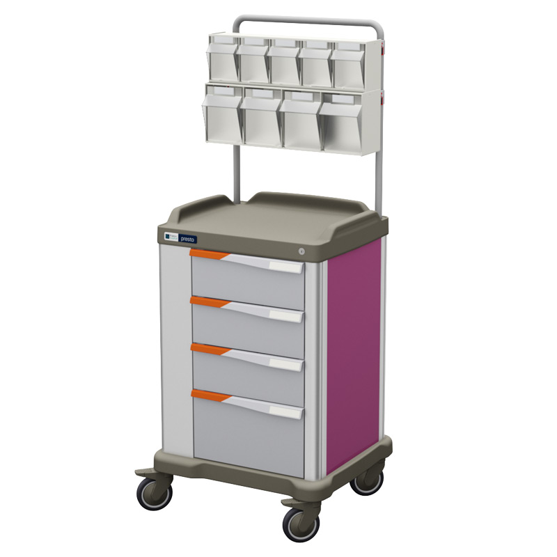 Presto medium therapy trolley with overbridge and pink coloured panels