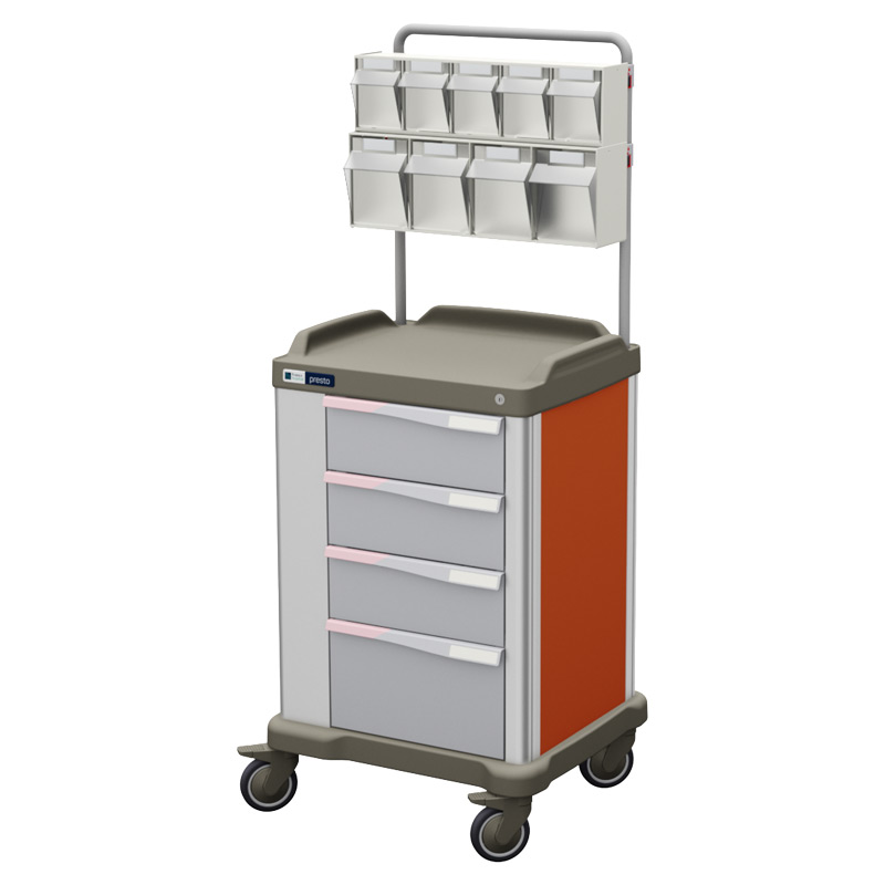 Presto medium therapy trolley with overbridge and orange coloured panels