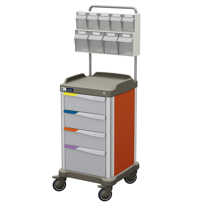 Presto small therapy trolley with overbridge and orange coloured panels