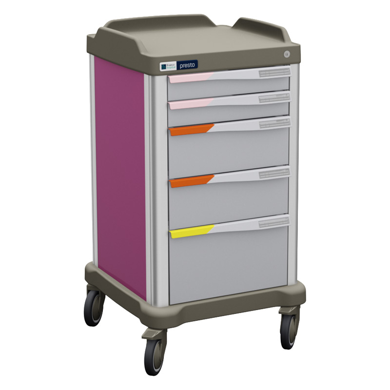 Presto small ward trolley with pink coloured panels