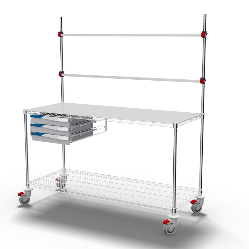 MOSYS- TP procedure table on wheels, with overbridge and accessory rails, plus a block of drawers