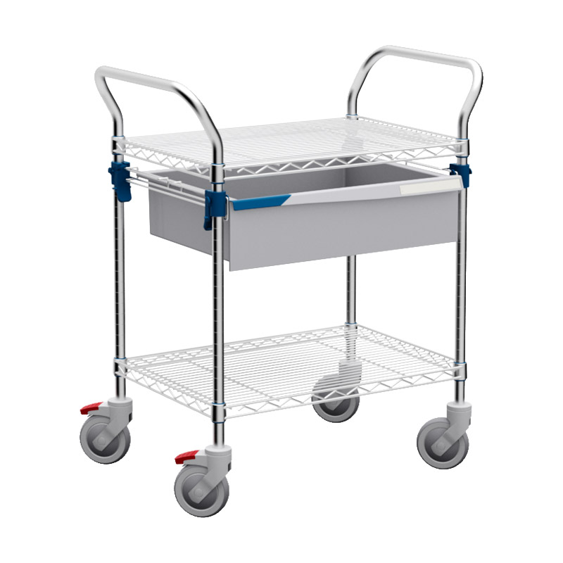 A MOSYS-ISO utility cart with 2 shelves and one drawer
