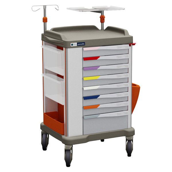 Persolife emergency trolley with Broselow-Luten colour coded drawers