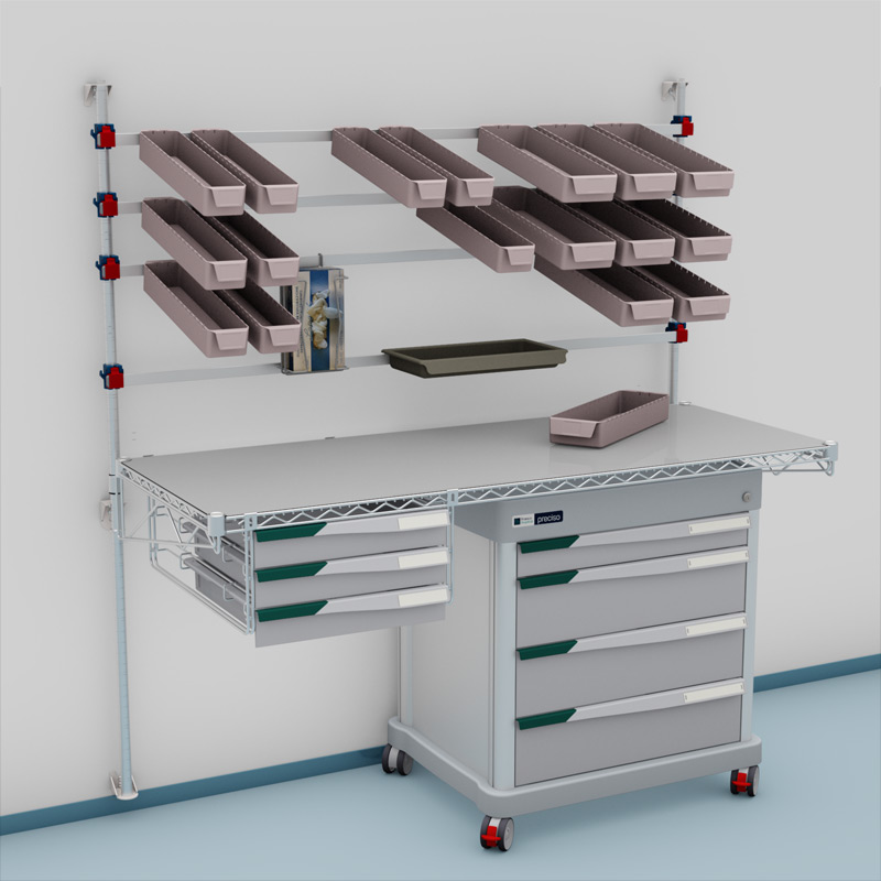 wall mount picking station with additional drawers and a PRECISO DPT under-table drawer unit