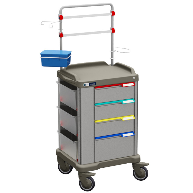 Presto medium therapy trolley entirely made in stainless steel with accesorized overbridge, view from left