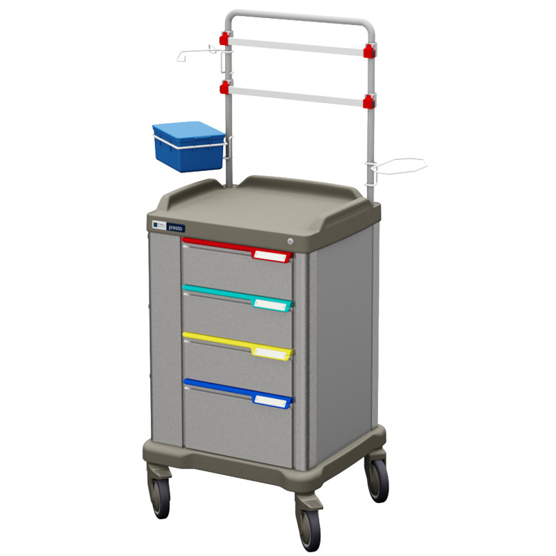 Presto medium therapy trolley entirely made in stainless steel with accesorized overbridge, view from right