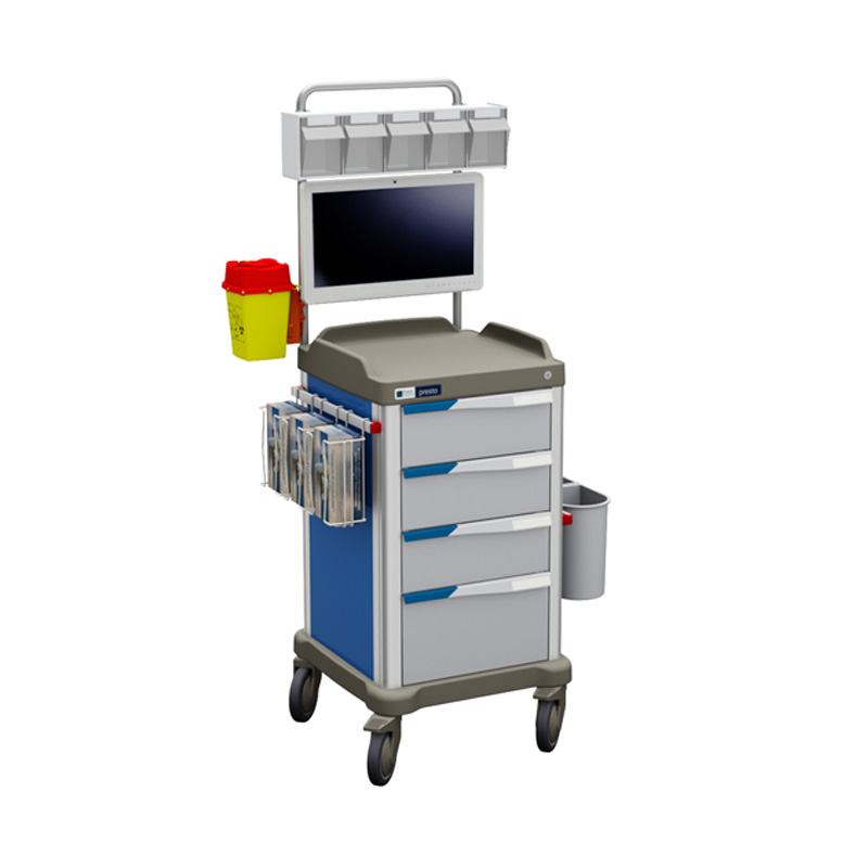 PRESTO hospital therapy trolley with AIO computer, overbridge and various accessories