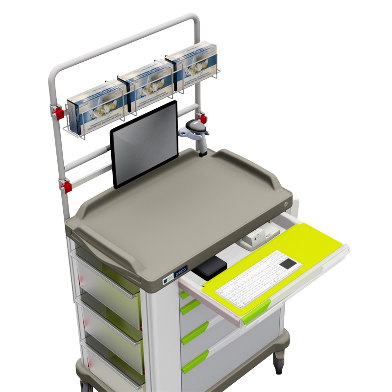 An eWork Cart based on PRESTO 600 large, with an NUC PC, mouse and keyboard in dedicated push-to-open drawer and screen on overbridge