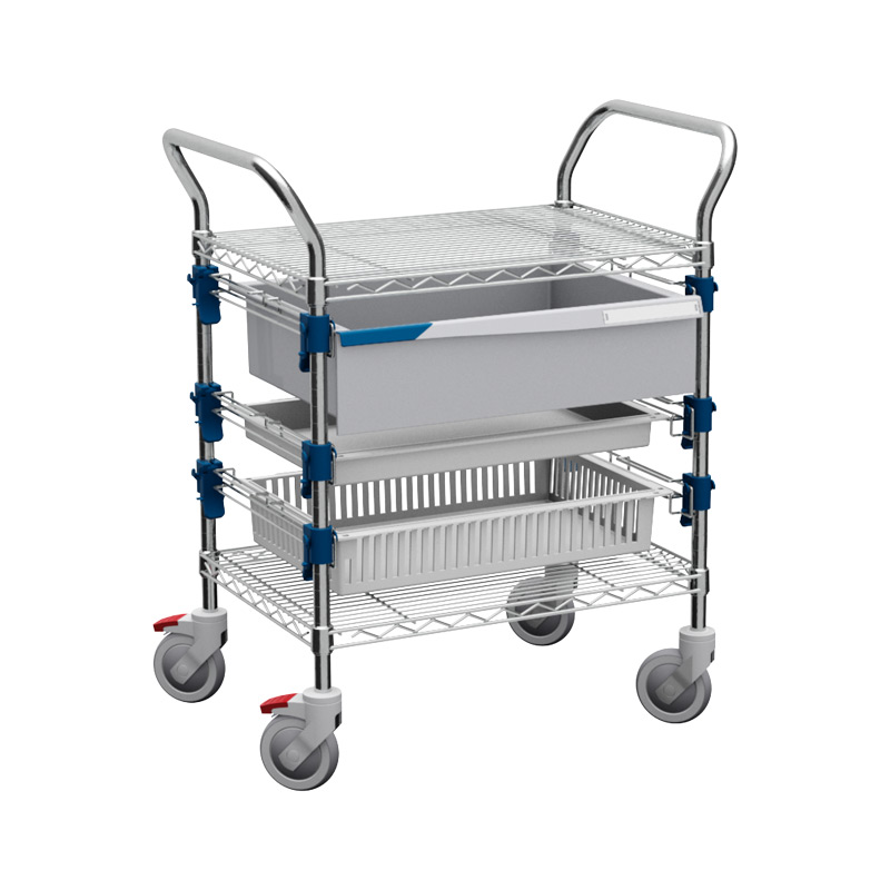 A MOSYS-ISO utility cart with 3 shelves, one drawer and one basket