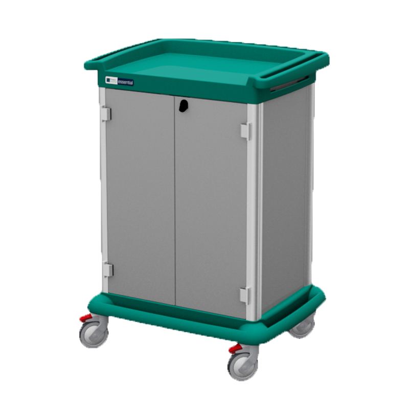 Carrello per biancheria e igiene paziente con ante a doppia chiusura, paraurti verde teal e ruote girevoli