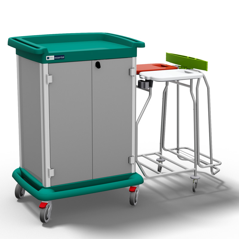 Essential trolley for clean linen with doors, drawers and additional dirty linen and waste collection unit