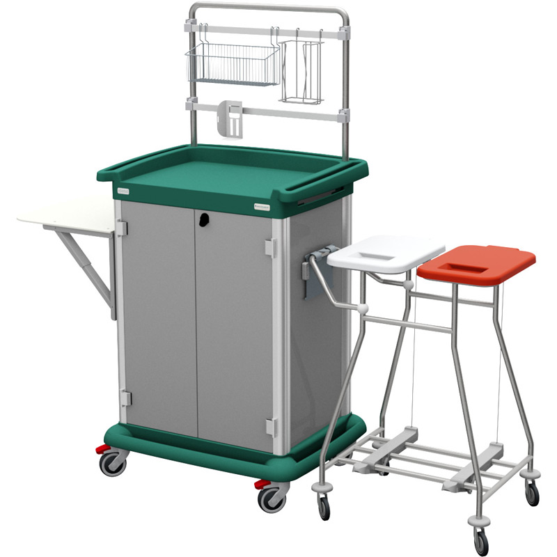 Essential trolley for patient hygiene and clean linen with doors, overbridge and dirty linen collection bags trolley