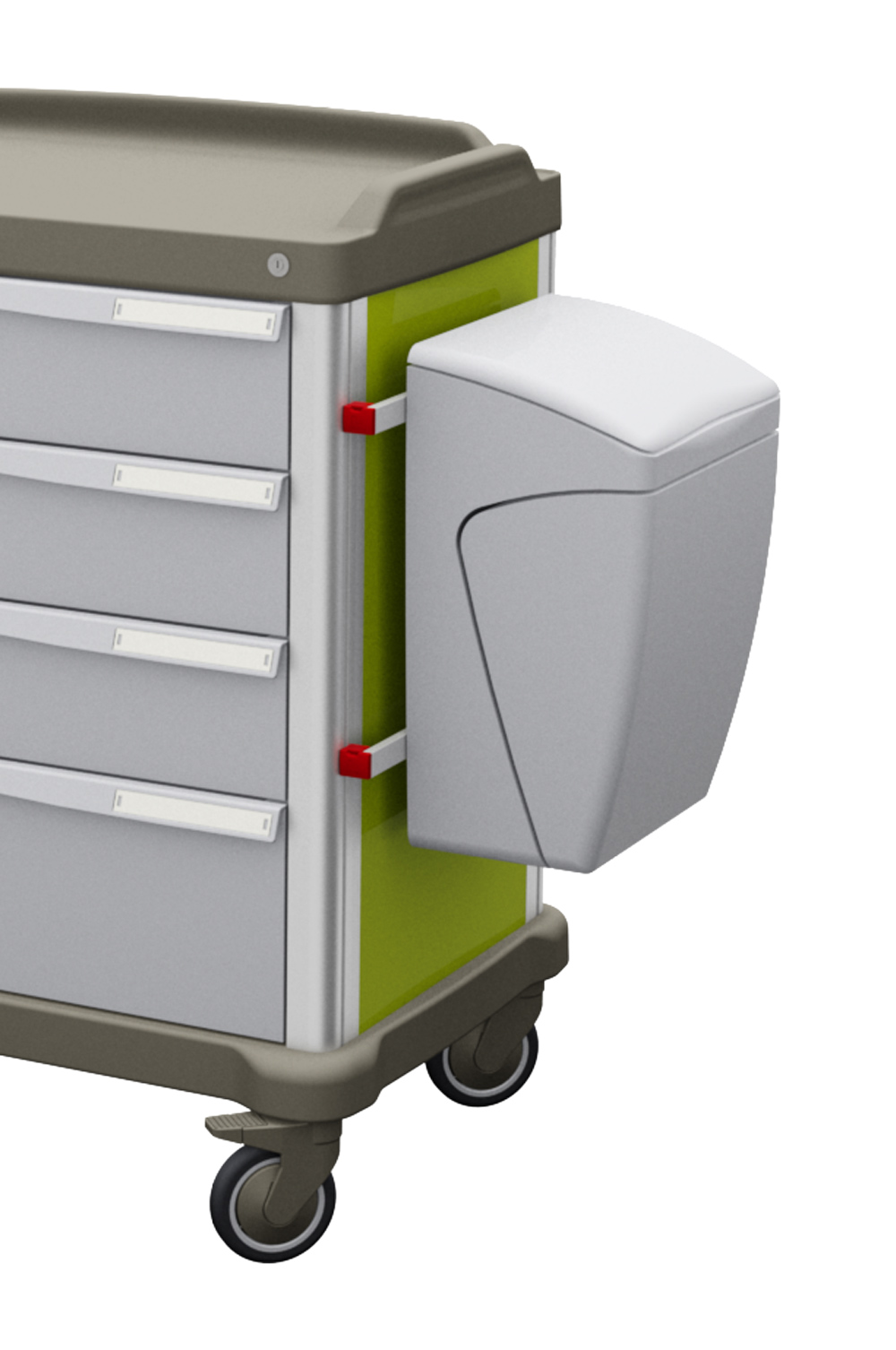 MAXIWALLY knee-operated dustbin in grey/grey on the side of a PRESTO therapy trolley