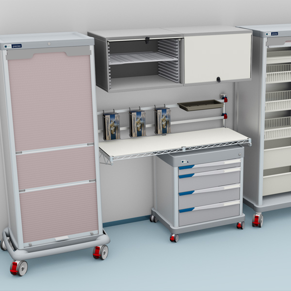 Mobile furniture: a fixed table with one DPT and two PRECISO TRS logistic columns