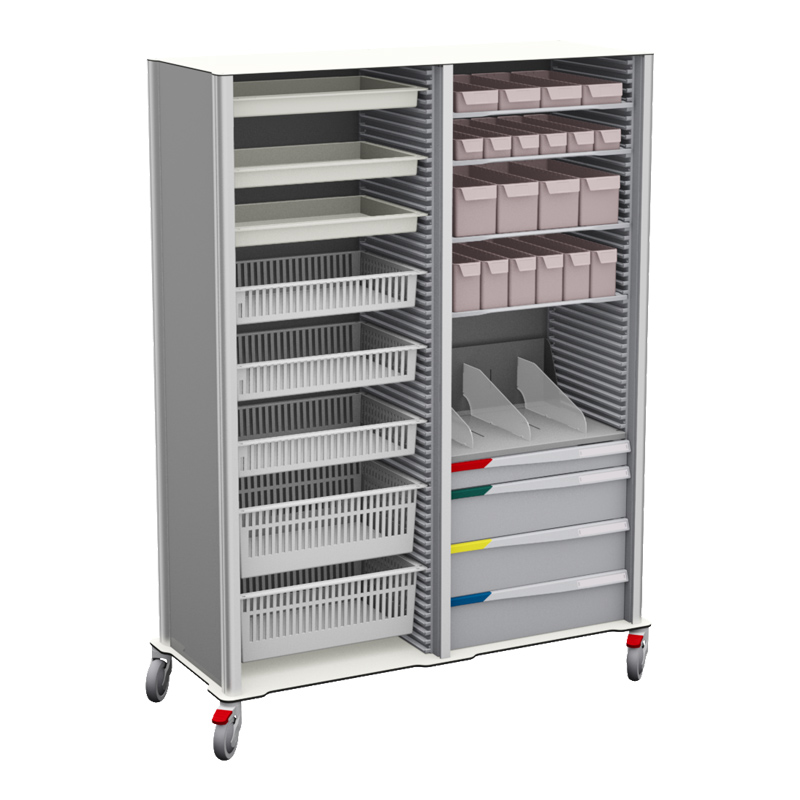 LOG double mobile storage cabinet ISO 600x400 compliant, 600 mm front with several baskets, trays, bins and FH-Drawers