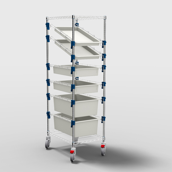 MOSYS-ISO shelving on wheels: the front is 400 mm and it also has 2 slanted guides