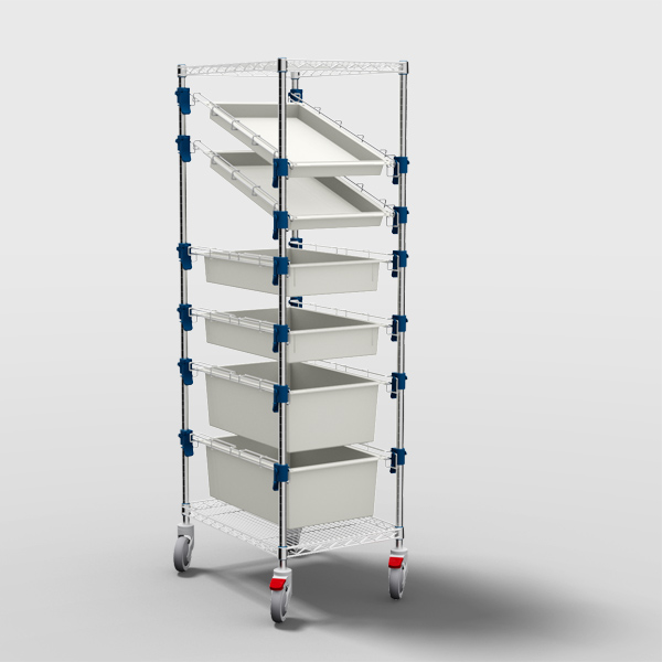 MOSYS-ISO shelving on wheels: the front is 400 mm and it also has 2 slanted guides