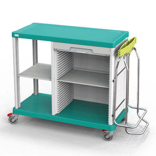 an ESSENTIAL trolley used for linen change and patient hygiene. It has a WASTY waste bag holder installed on the right side