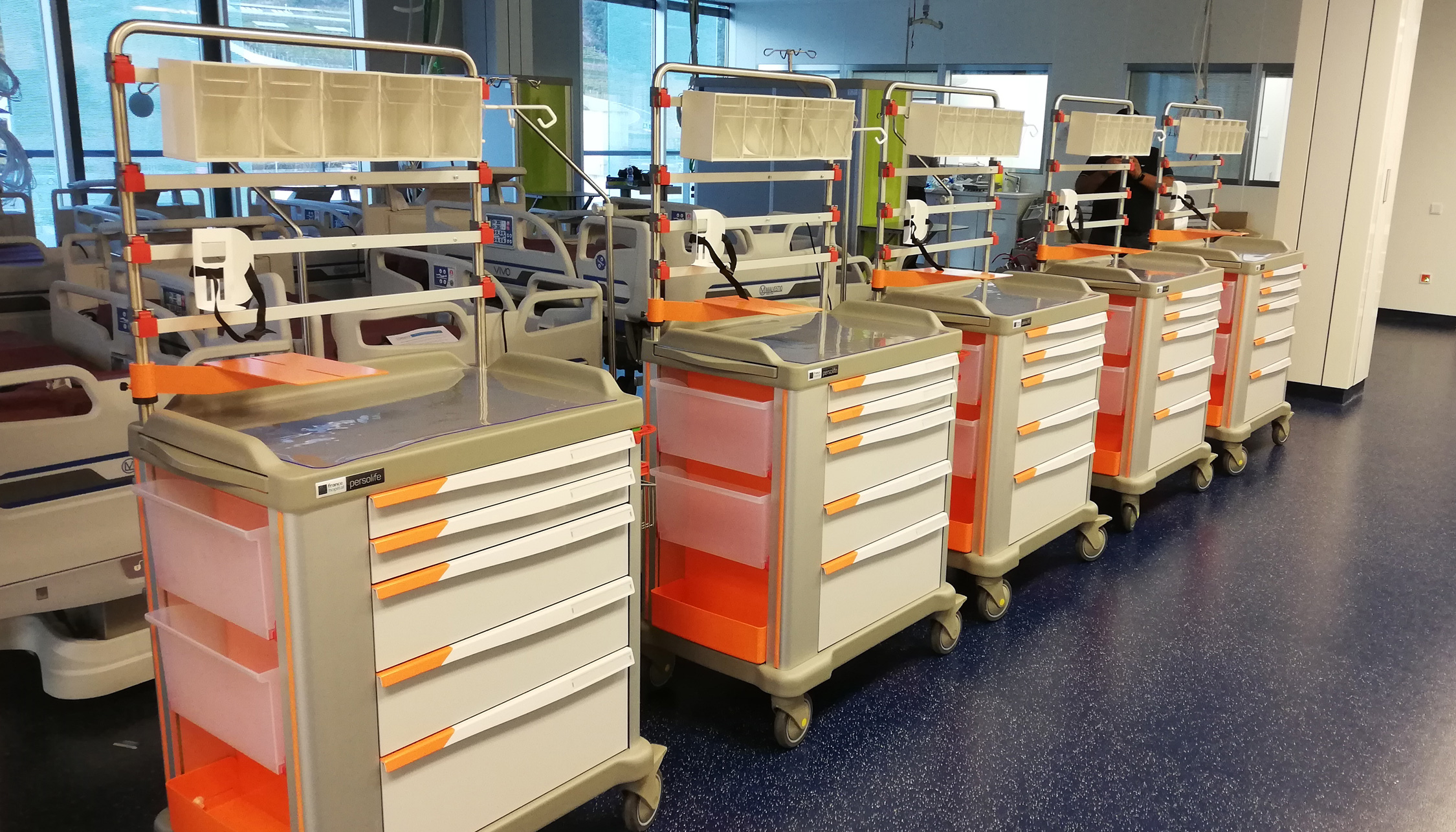 Freshly delivered PERSOLIFE emergency trolleys during final preparation before entering service