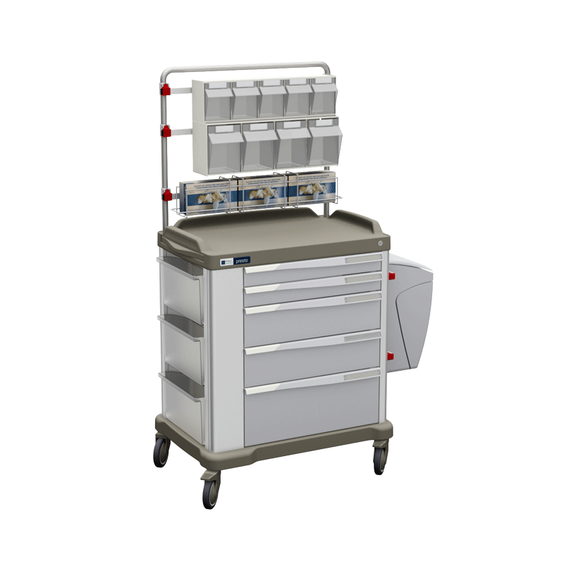 PRESTO large hospital and medication trolley with overbridge and accessories