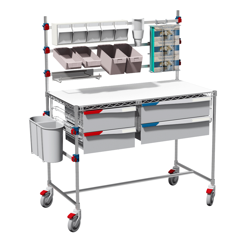 An accessorized picking station on wheels with 4 FH-Drawers