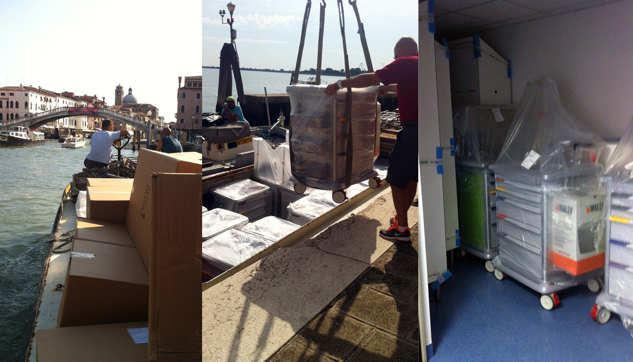 Delivery by boat of PRECISO hospital trolleys to Venice General Hospital