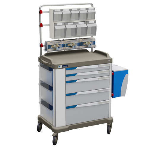 a PRESTO large hospital trolley with 5 FH-Drawers of 600 mm, tilt-out bins and pull-out side table, Wally dustbins and an accessorized overbridge