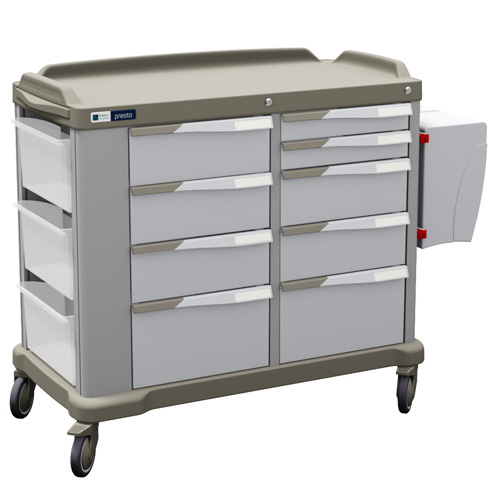 a PRESTO double hospital trolley with 4+4 FH-Drawers of 400 mm, tilt-out bins and pull-out side table and Wally dustbins