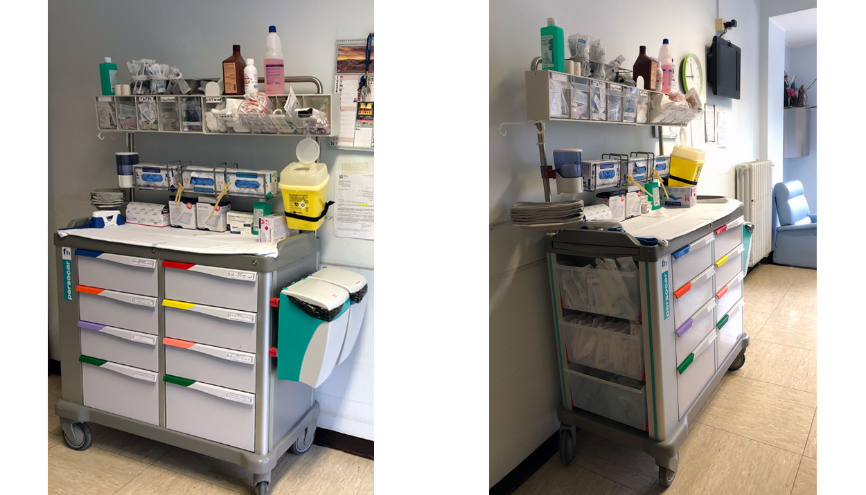 left and right view of a PERSOCAR 800 medication trolley in use at the G.Mazzini hospital in Teramo, Italy