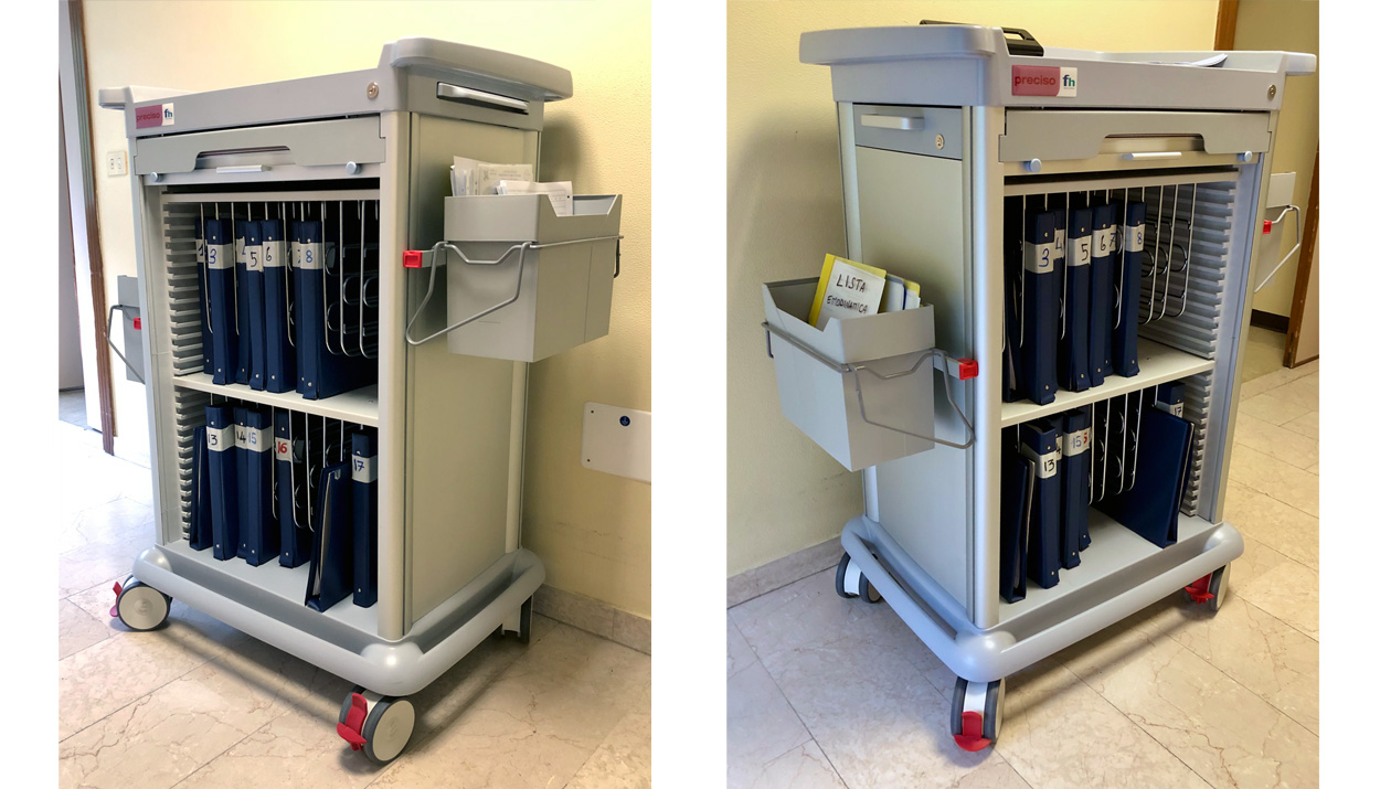 left and right view of a PRECISO hospital trolley used for patient files at the G.Mazzini hospital in Teramo, Italy