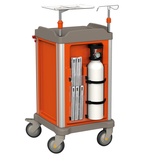 the back of a PERSOLIFE crash cart: catheter holder and oxygen bottle holder are integrated and recessed in the structure