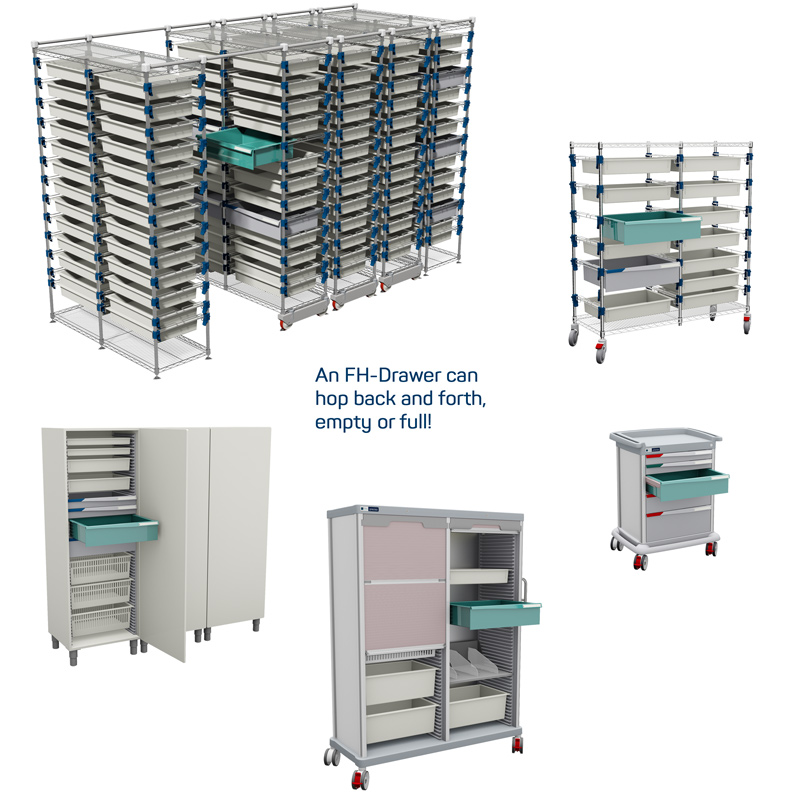 Image showing that an FH-Drawer can interchange among FH shelving systems, cabinets, a logistics column and a ward trolley