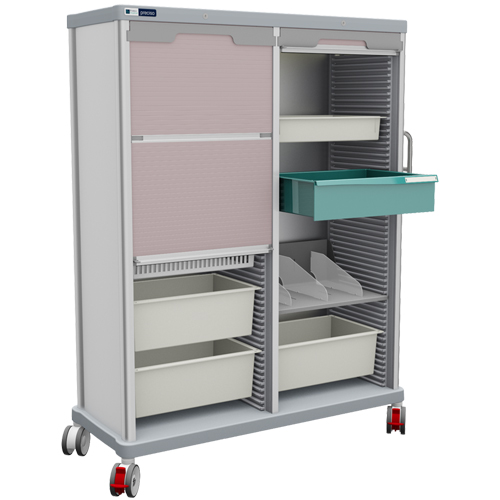 A PRECISO TRS 180-D double logistics column for hospital transport and storage: a highlighted FH-Drawer is visible