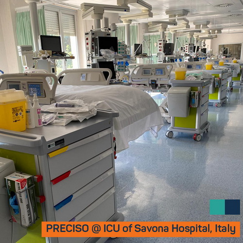 The new ICU ward at Savona hospital, Italy: each bed has a dedicated PRECISO trolley