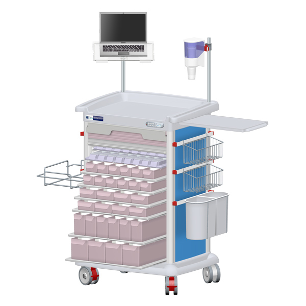 Rendu 3D d'un chariot de soins PRECISO avec plateau pour ordinateur portable obtenu grâce au configurateur en ligne FH-experience