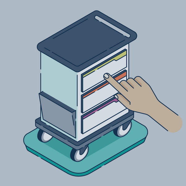 a cartoon version of a fictional FH therapy trolley and a hand: it represents the touch interaction with the configurator from a smartphone