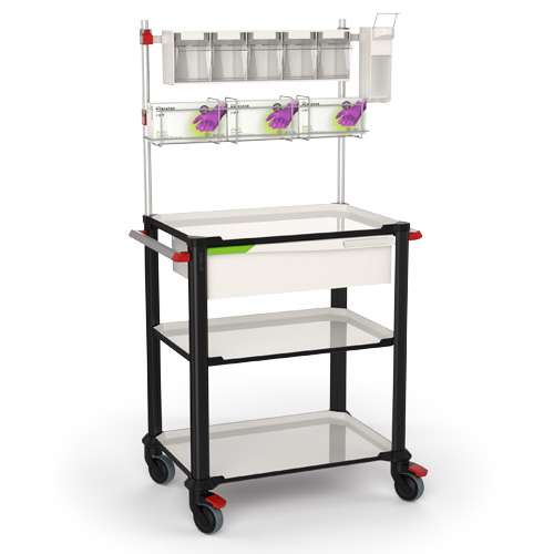 the PI-NERO service trolley with 3 shelves, one FH-Drawer and an overbridge with accessories