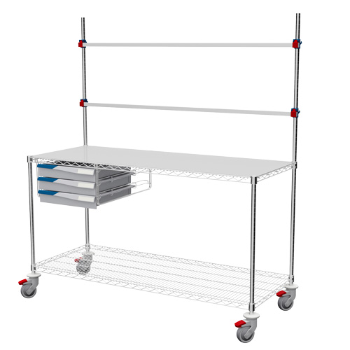 MOSYS TP procedure table on wheels, with overbridge and accessory rails, plus a block of drawers