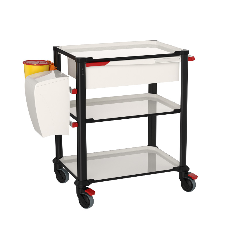 The PI-NERO service trolley with 3 shelves and accessorized universal side rails